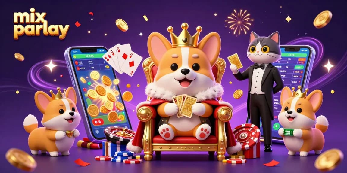 Win big with mix parlay in this vibrant, dynamic scene featuring a royal corgi and playful casino elements.