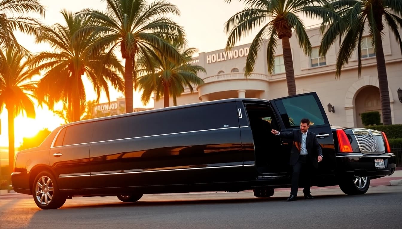 Luxurious Los Angeles Limo parked at Hollywood mansion during sunset.