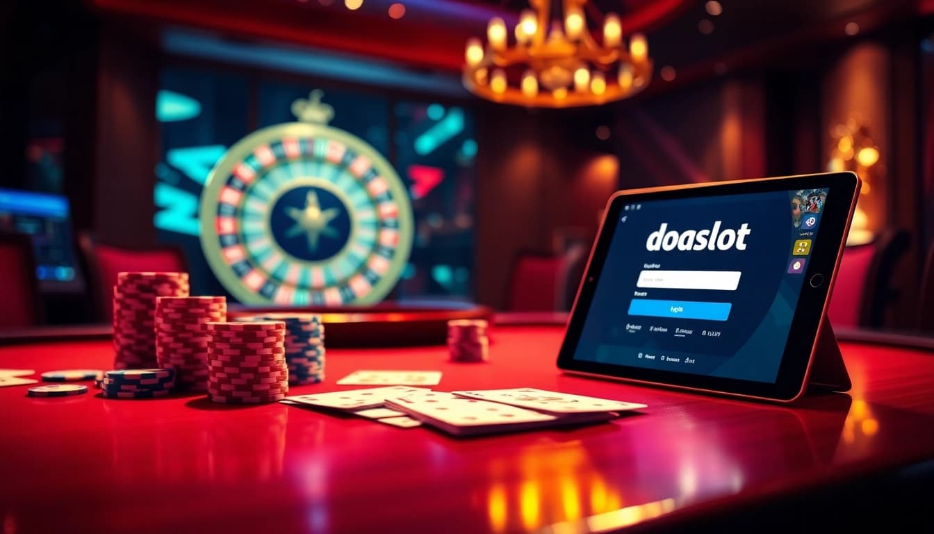 Experience the excitement of doaslot login at a luxurious gambling table filled with poker chips and cards.