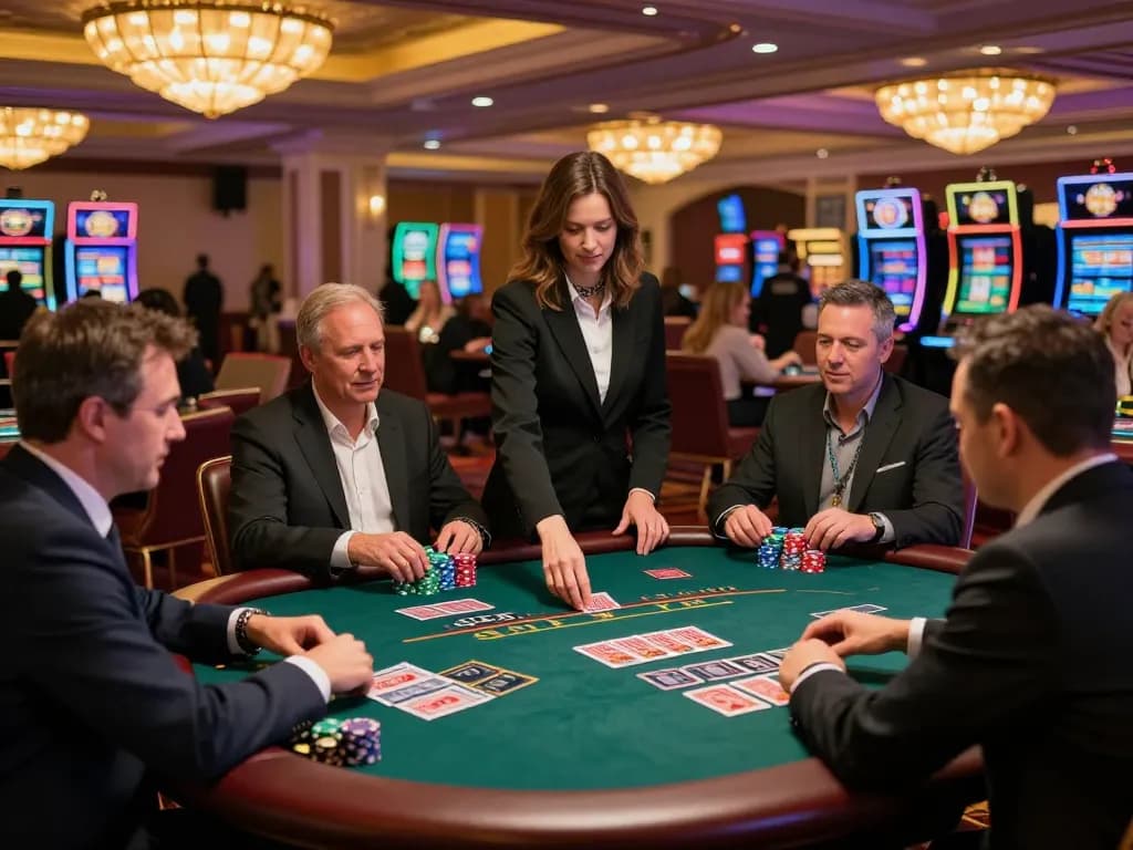 Engaged players at a vibrant blackjack table utilizing top quality widgets in an upscale casino setting.