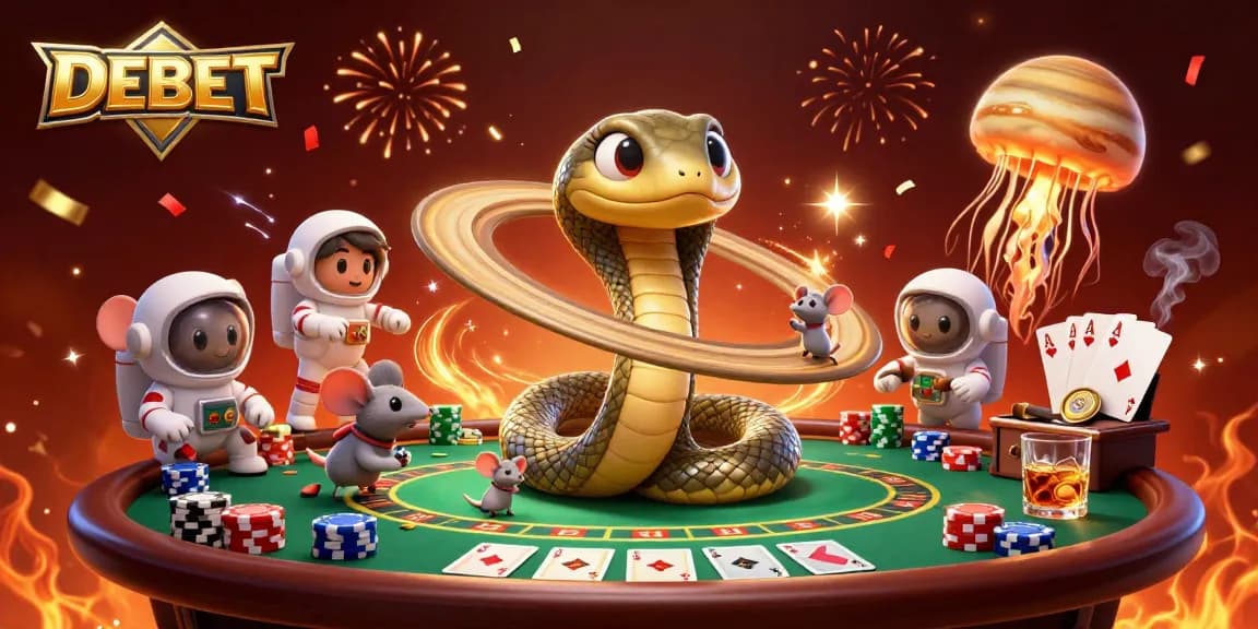 Place your bets with DEBET in a vibrant cosmic casino scene featuring exciting gaming elements.