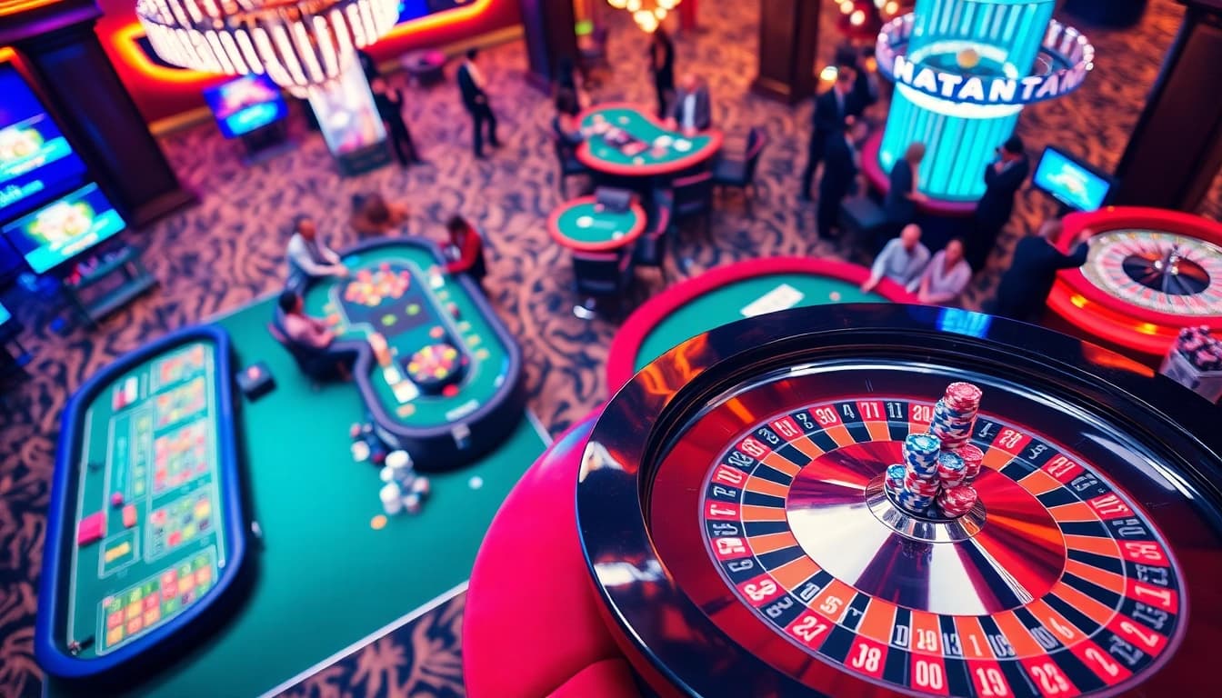 situs toto menawarkan pengalaman kasino penuh warna dengan pemain yang terlibat di meja permainan.