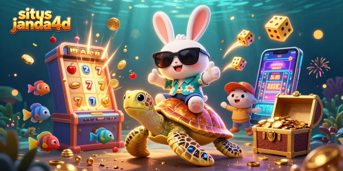 Situs janda4d menghadirkan keseruan jackpot dengan kelinci beruntung dan kura-kura emas di grafik kasino yang penuh warna.