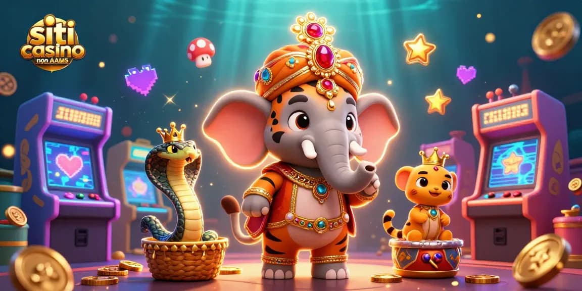 Scopri il mondo emozionante dei siti casino non AAMS con una scena magica di un maharaja regale e elementi arcade vivaci.