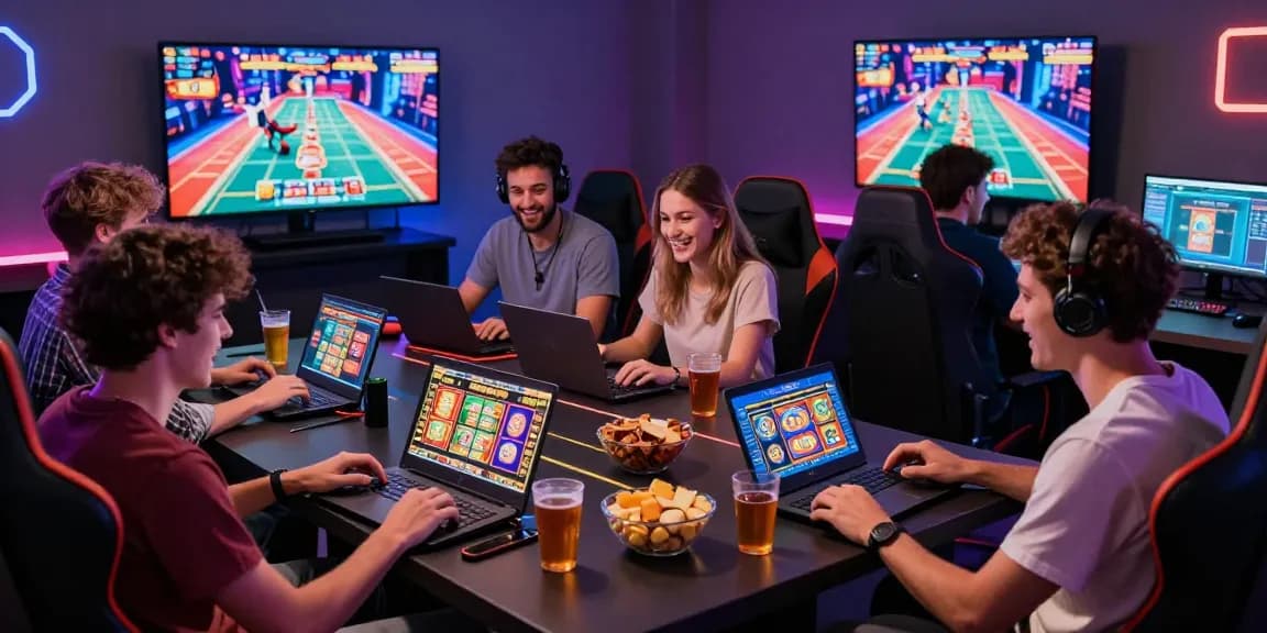 Engaging scene of friends at home enjoying online credit card casinos with laptops and vibrant game displays.