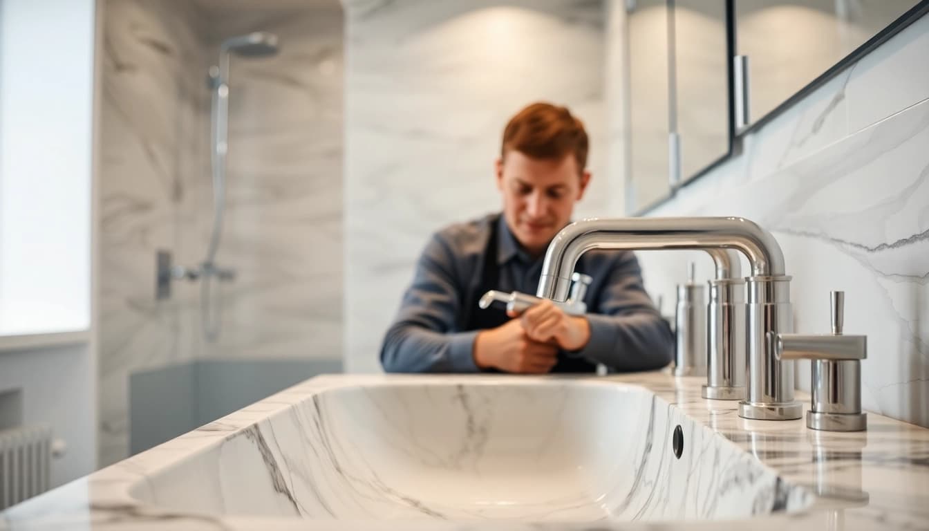Technician demonstrating quality work by sonni sanitär GmbH in a modern bathroom setup.