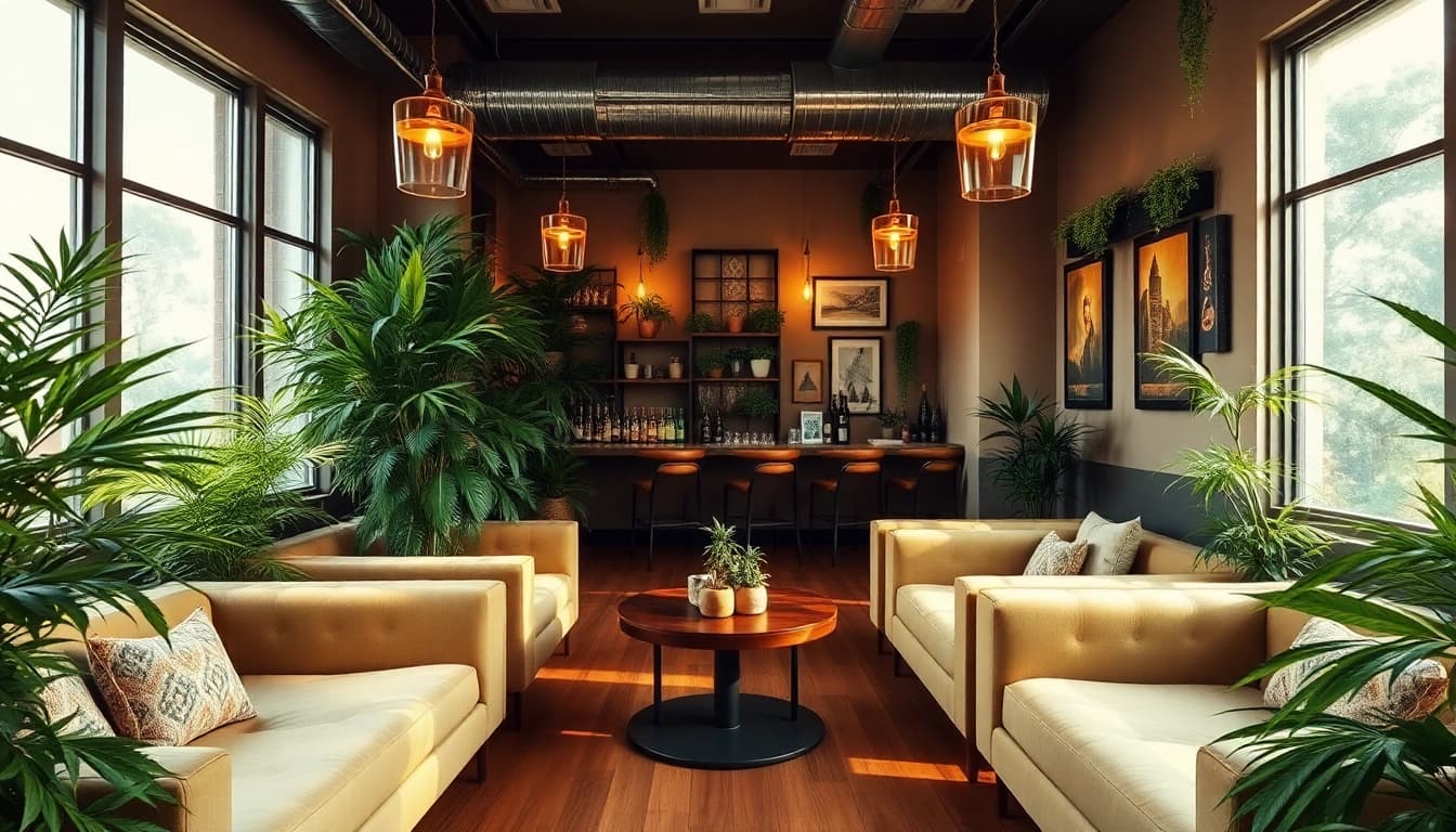 Visitez le cannabis club espagne dans un cadre chic et accueillant avec des plantes luxuriantes.