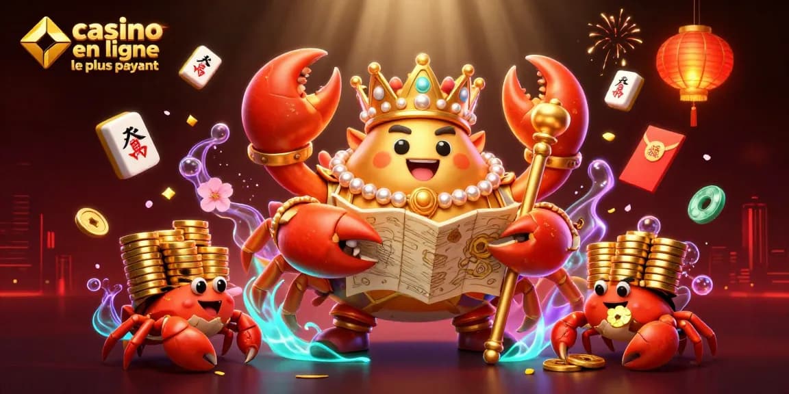 Le casino en ligne le plus payant avec un crabe empereur d'or entouré de jets de feux d'artifice et de lanternes chinoises.