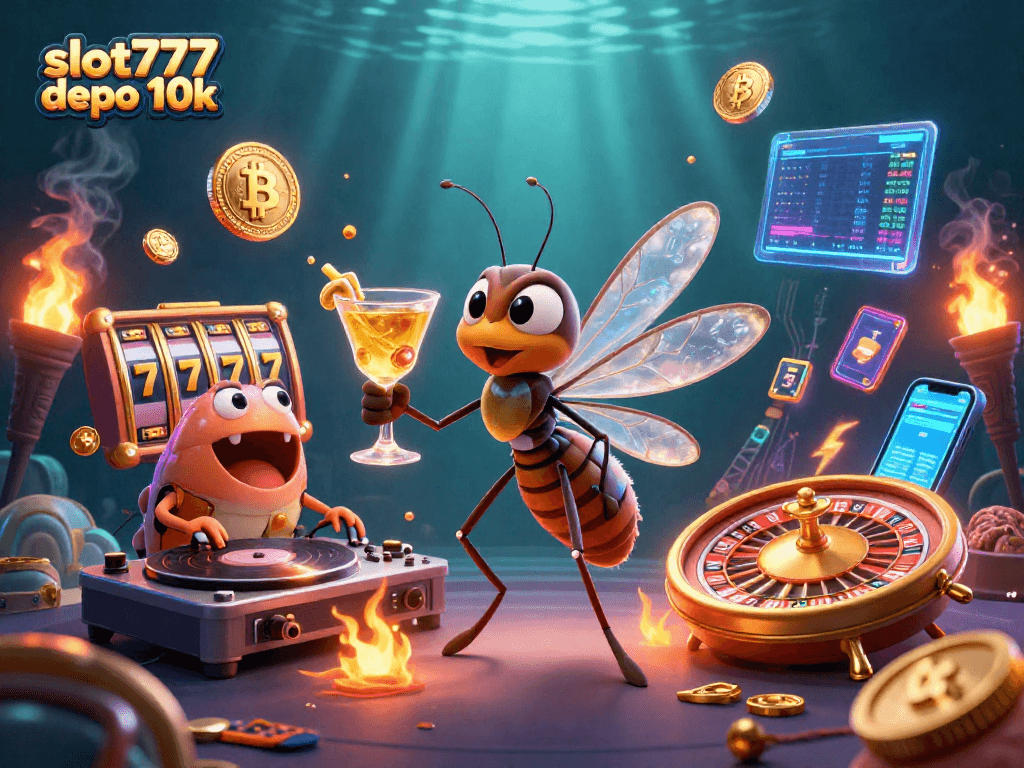 Win big at slot777 depo 10k with a vibrant 3D illustration showcasing exciting gaming action and dynamic elements.