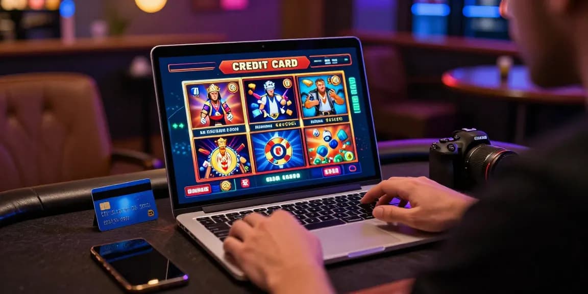 Exciting gaming experience at credit card casinos with player on laptop, credit card on table.