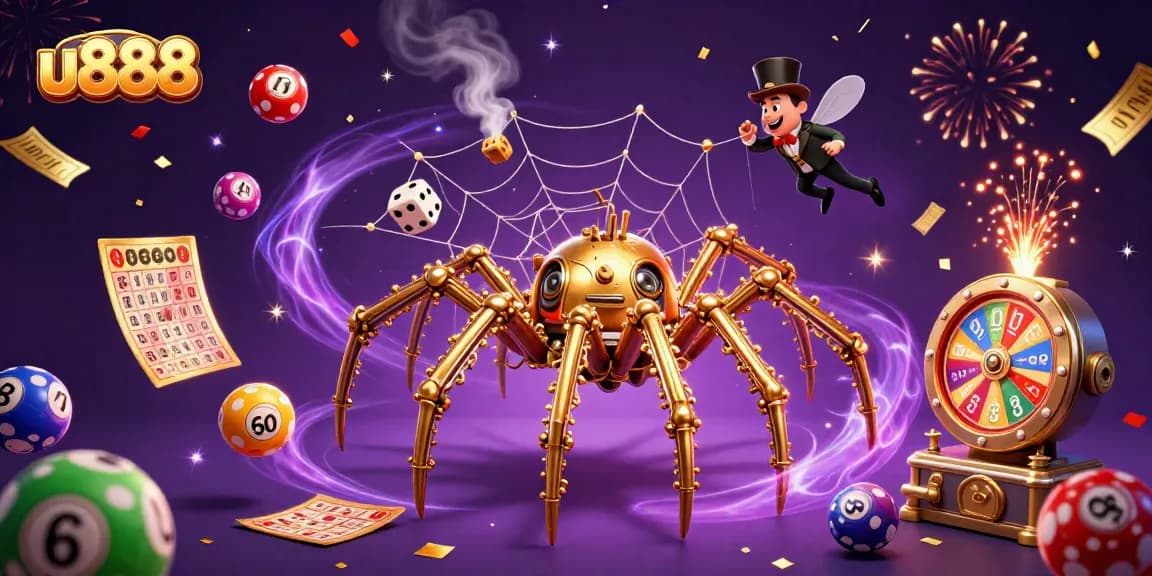 Spin lottery balls and engage with u888's thrill in a vibrant 3D digital scene filled with casino excitement.