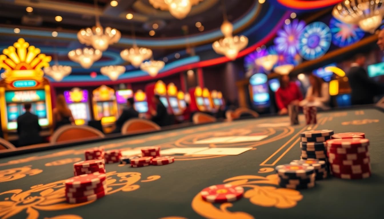 Jutawanbet di meja poker mewah dengan suasana kasino yang sibuk dan menarik.