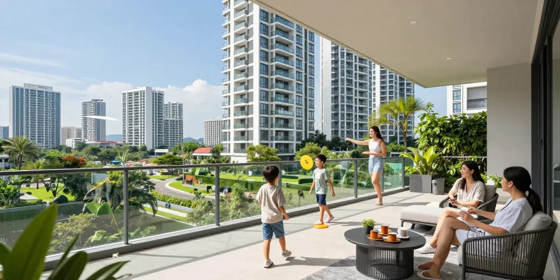 Tanjong Rhu Residences, a modern family enjoying the balcony view in a luxurious condo.