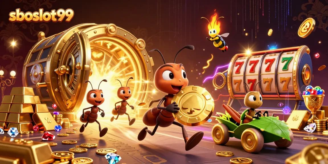 sboslot99 showcases a dynamic heist scene with ants and casino elements in a vibrant illustration