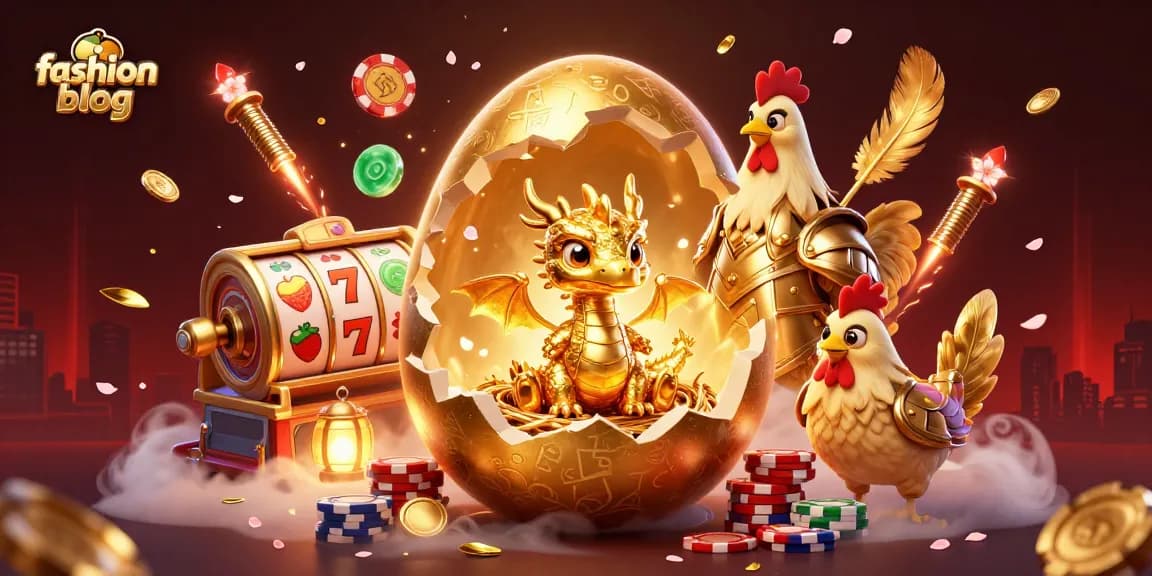 Engage with the vibrant fashion blog-themed gambling world featuring a golden egg, dragon, and poker chips.