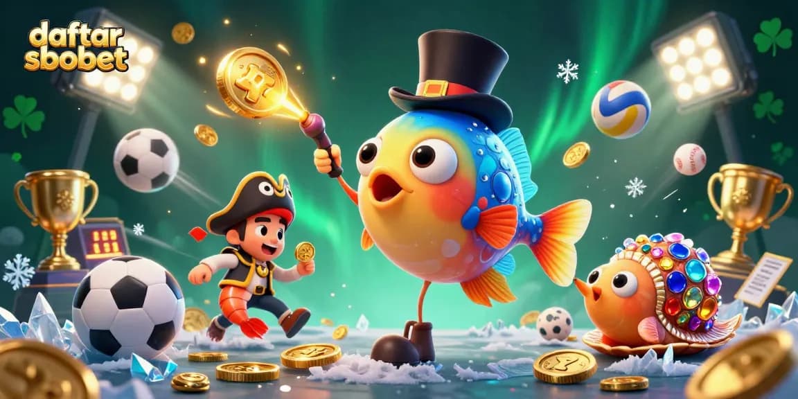 Engage with daftar sbobet through a dynamic 3D illustration highlighting sports elements and vibrant characters.