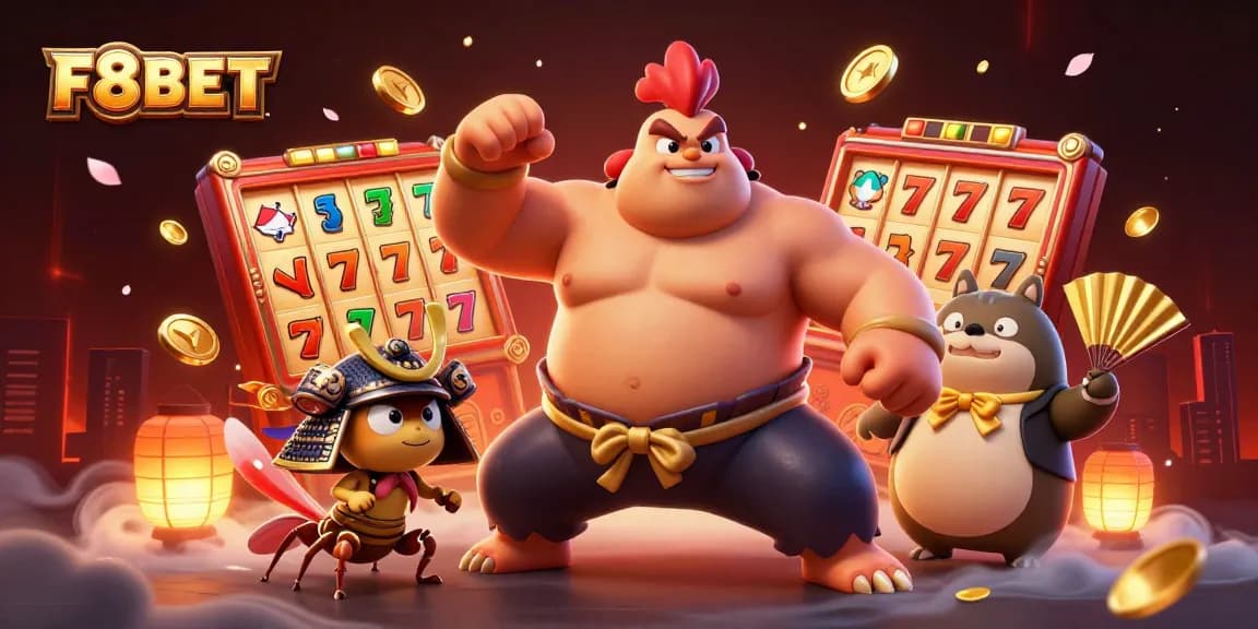 F8BET offers thrilling slot game action featuring a powerful rooster and samurai cricket in a vibrant scene.