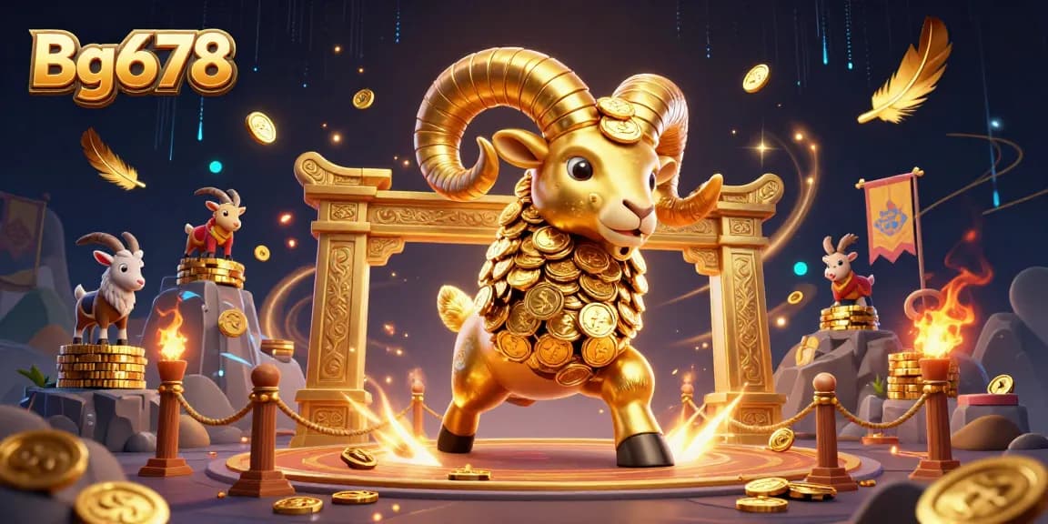 Engage with Bg678's thrilling online gameplay, featuring a massive golden ram charging through a vibrant casino scene.