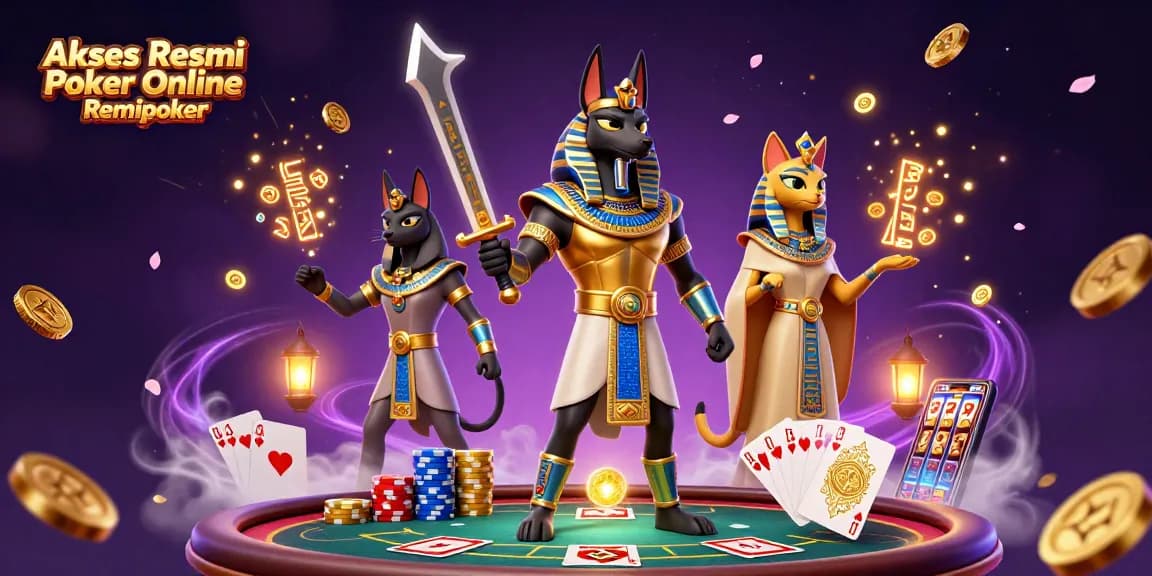 Engage with Akses Resmi Poker Online Remipoker showcasing ancient Egyptian warriors, poker chips, and vibrant casino elements.