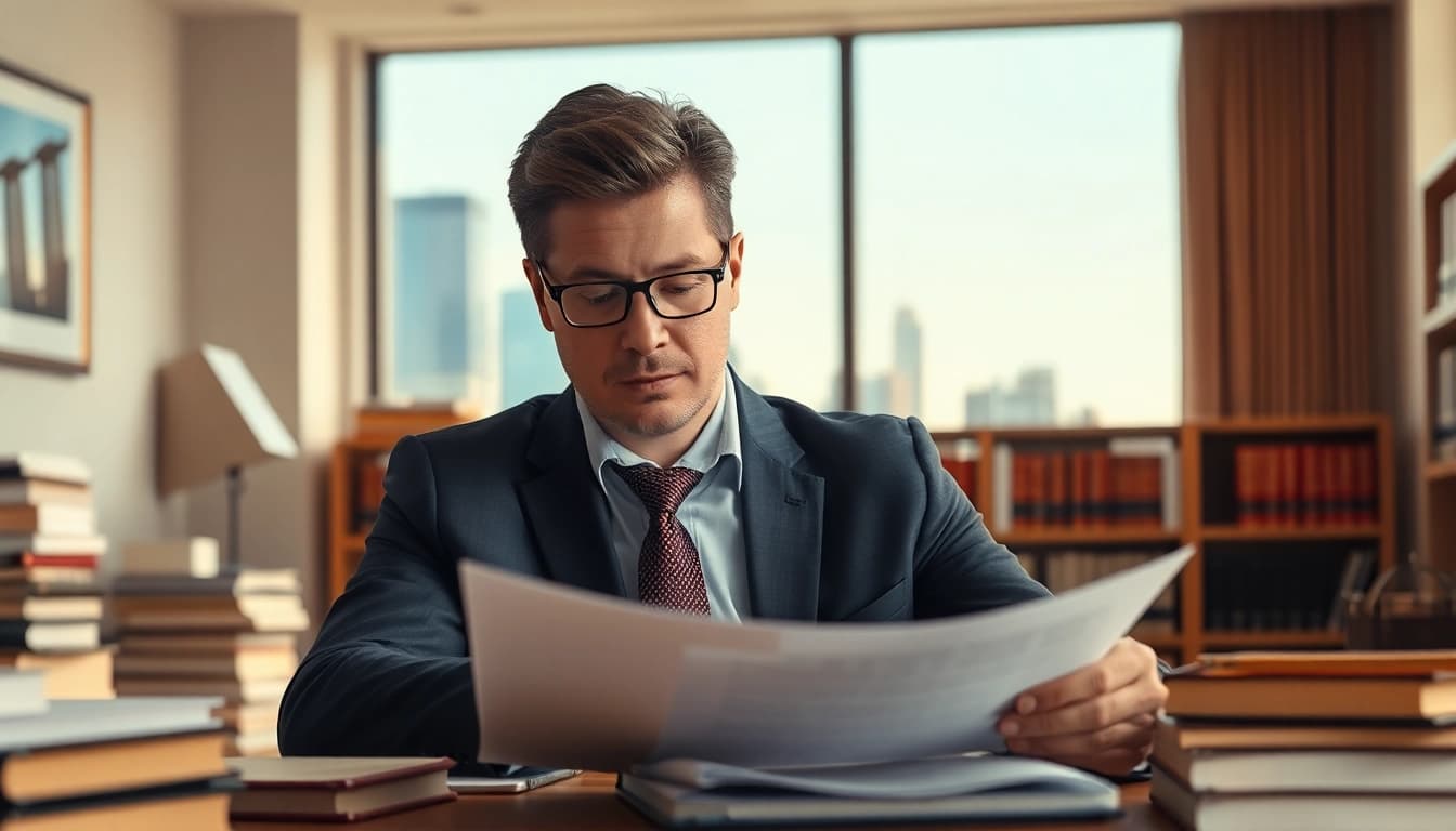 Experienced eminent domain lawyer reviewing property documents in a professional office setting.