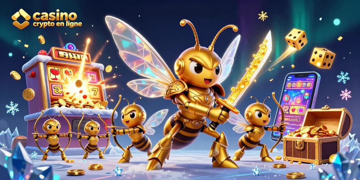 Jouez sur un casino crypto en ligne avec un hornet samouraï et des archers abeilles, entourés de jeux et de gains.