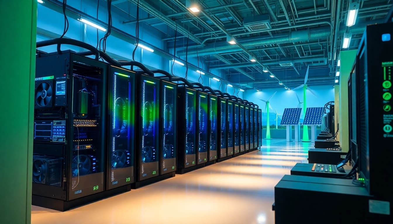 Dynamic view of a crypto mining site featuring advanced technology and renewable energy sources.