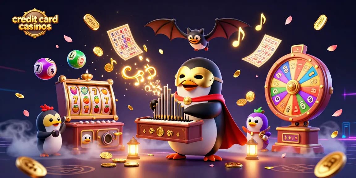 Engaging illustration of credit card casinos with a playful penguin, lottery elements, and vibrant casino games.
