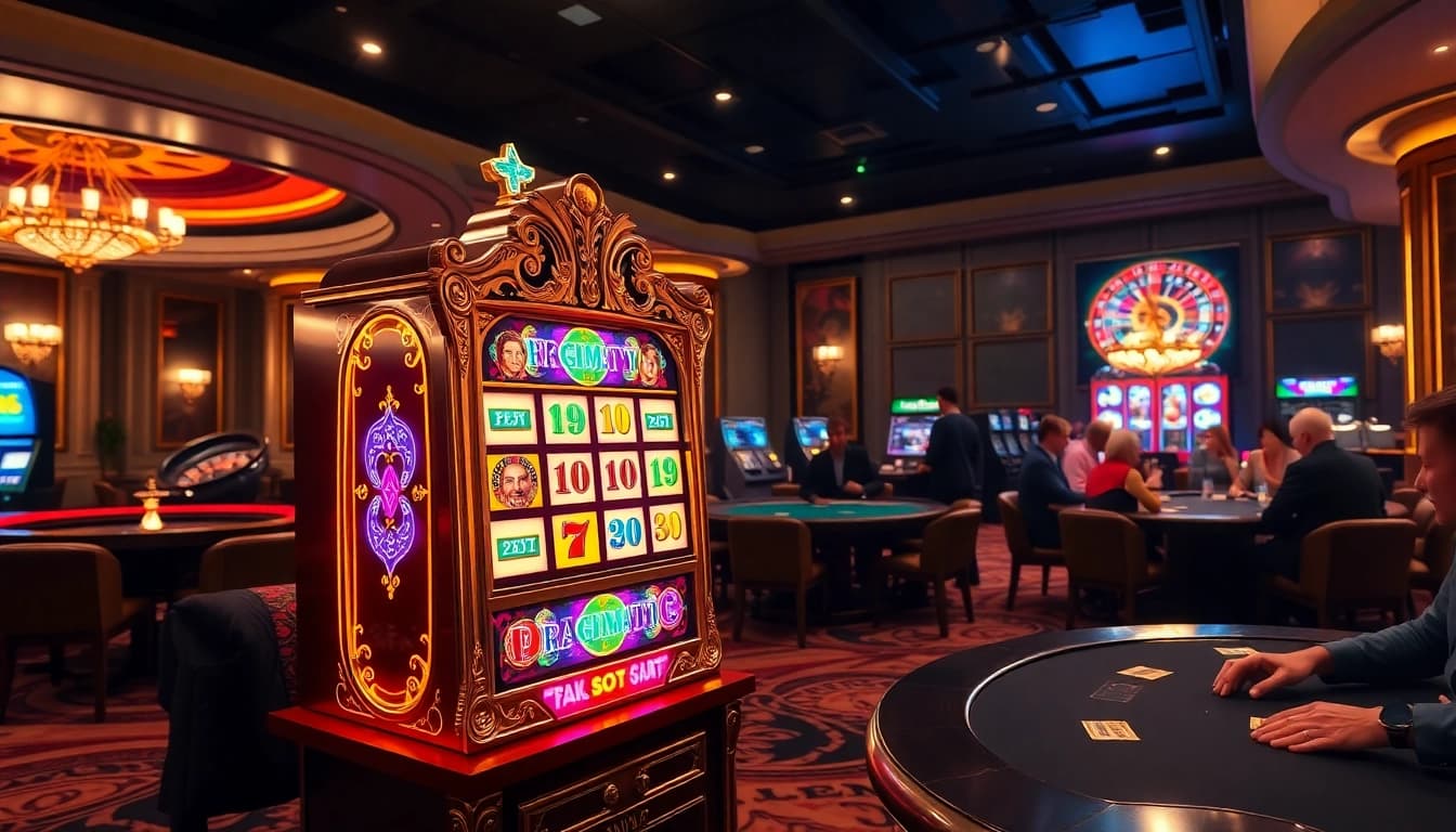 Players around a vibrant pragmatic slot machine enjoying their gaming experience in a luxurious casino.