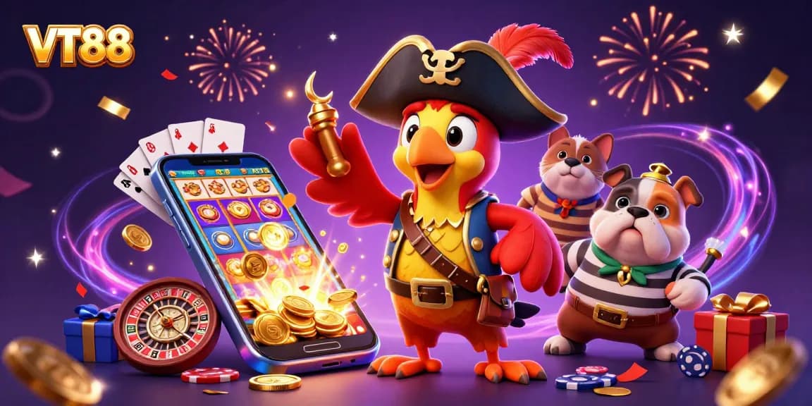 Experience thrilling gameplay with VT88 amidst colorful slots and joyful celebration.