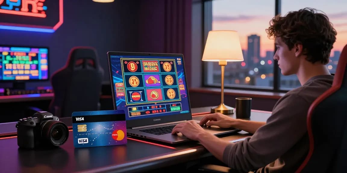 Playing at casinos that accept credit cards with a laptop, vibrant games and a city skyline.