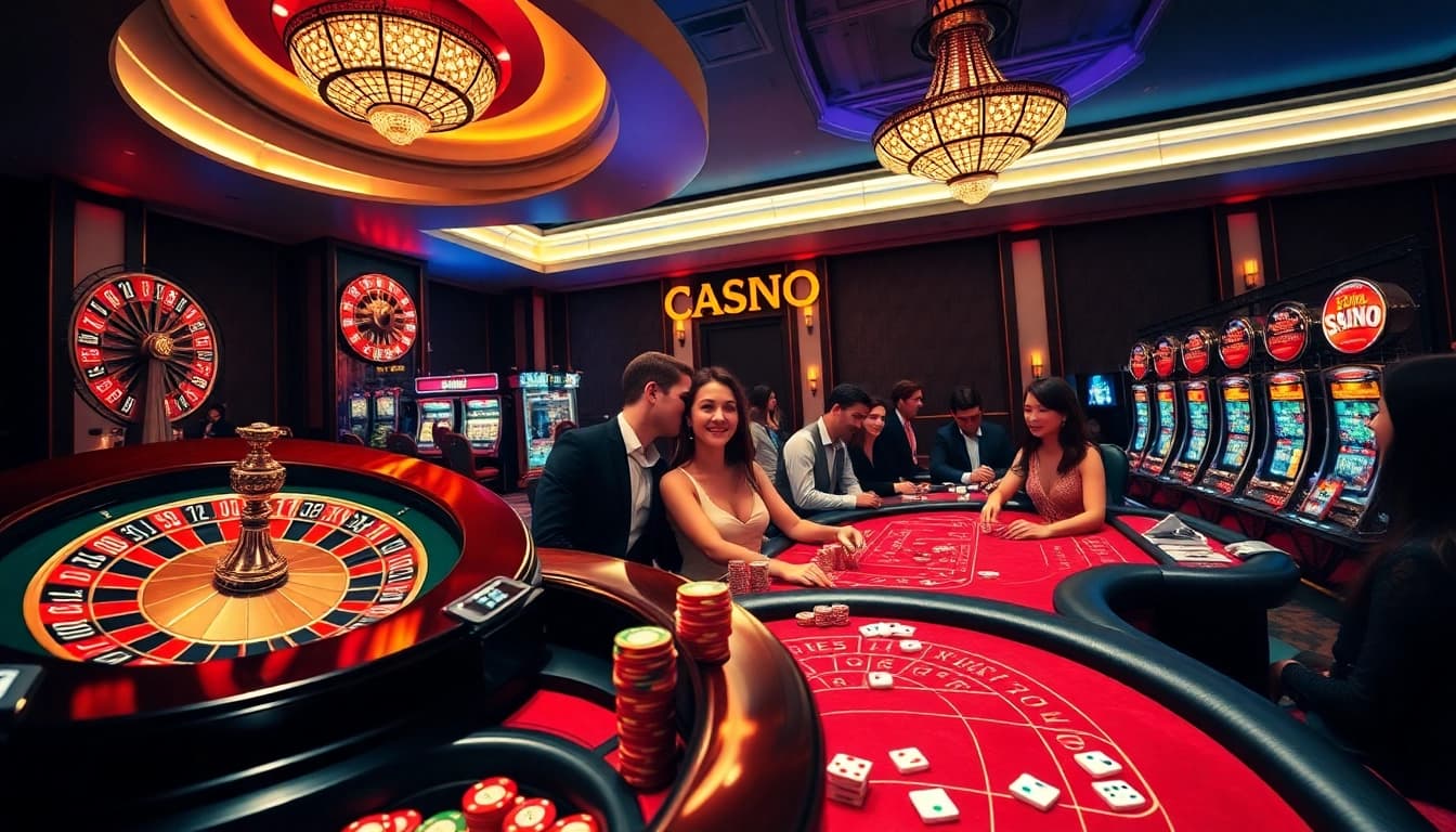 SODO CASINO invites excitement with vibrant gaming tables, roulette wheels, and lively players enjoying their night.