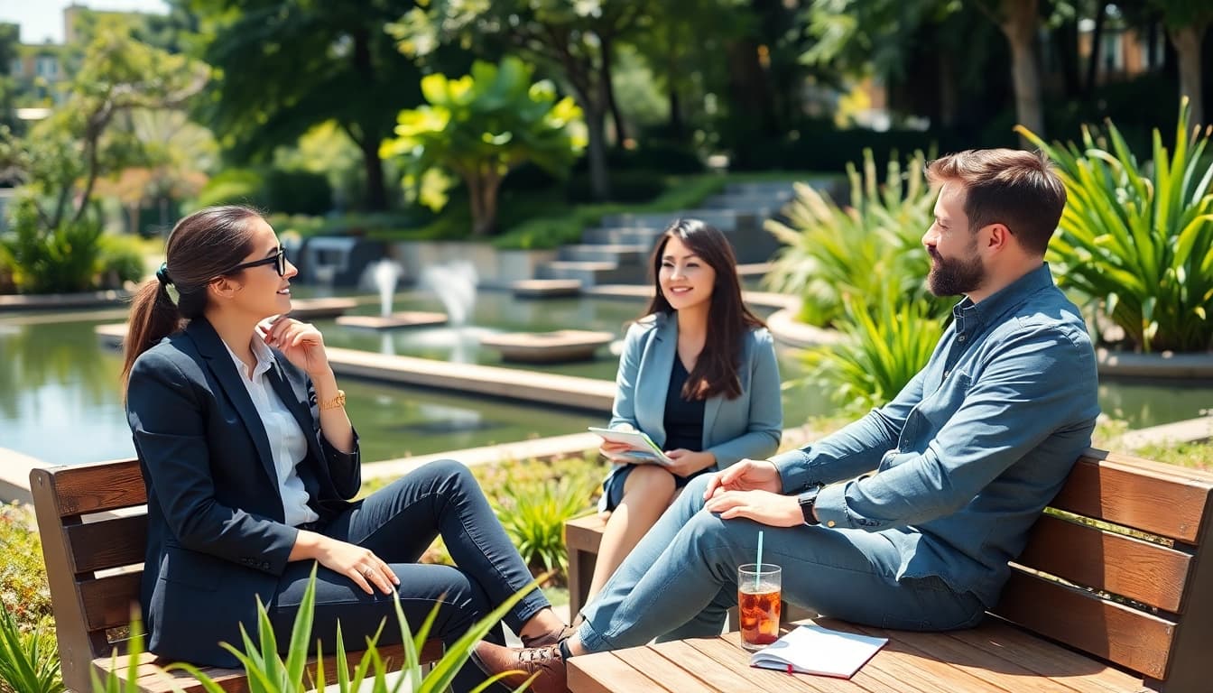 Entrepreneurs break in a peaceful outdoor setting fosters creativity and relaxation.