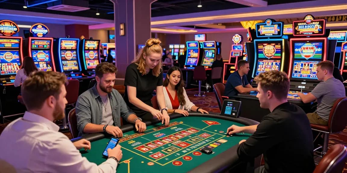 Diverse players engaged at a vibrant non-UK casino, exploring games and bonuses from https://sssk.org.uk amidst colorful lighting and lively atmosphere.