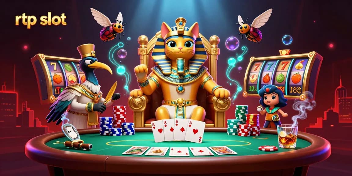 Play rtp slot with a vibrant casino scene featuring the pharaoh cat and poker elements.