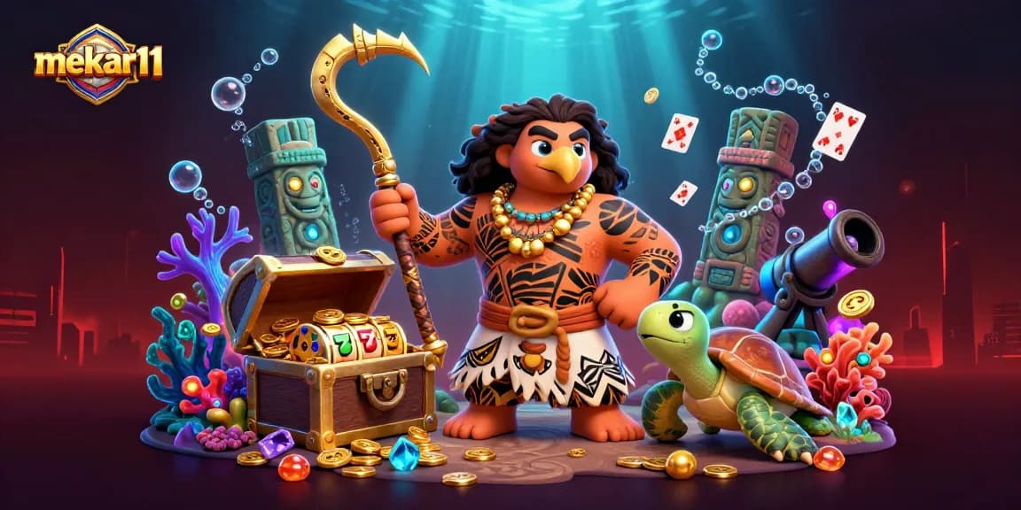 Experience thrilling mekar11 gaming with vibrant slot reels and a Polynesian demigod in action.