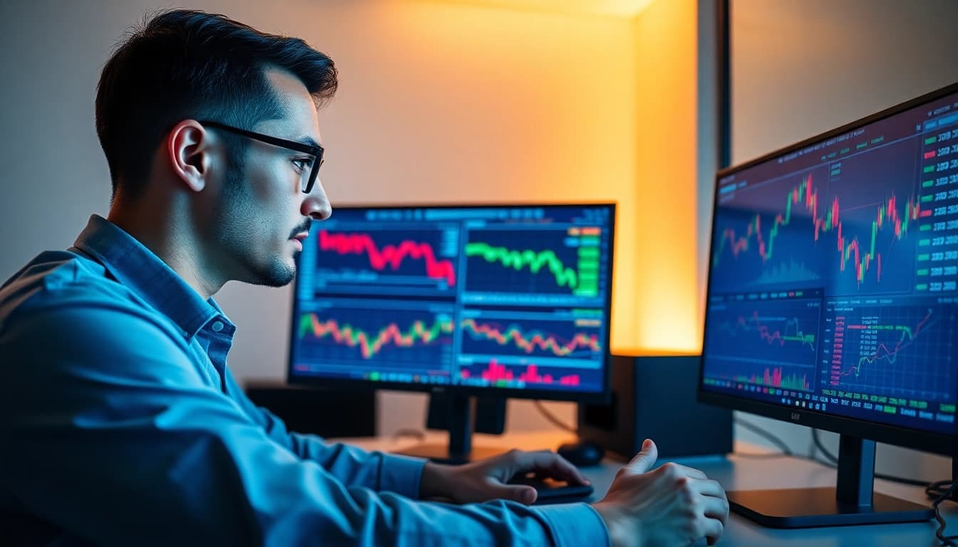 Analyzing VRTX stock price in a modern office with vibrant stock market chart displays.