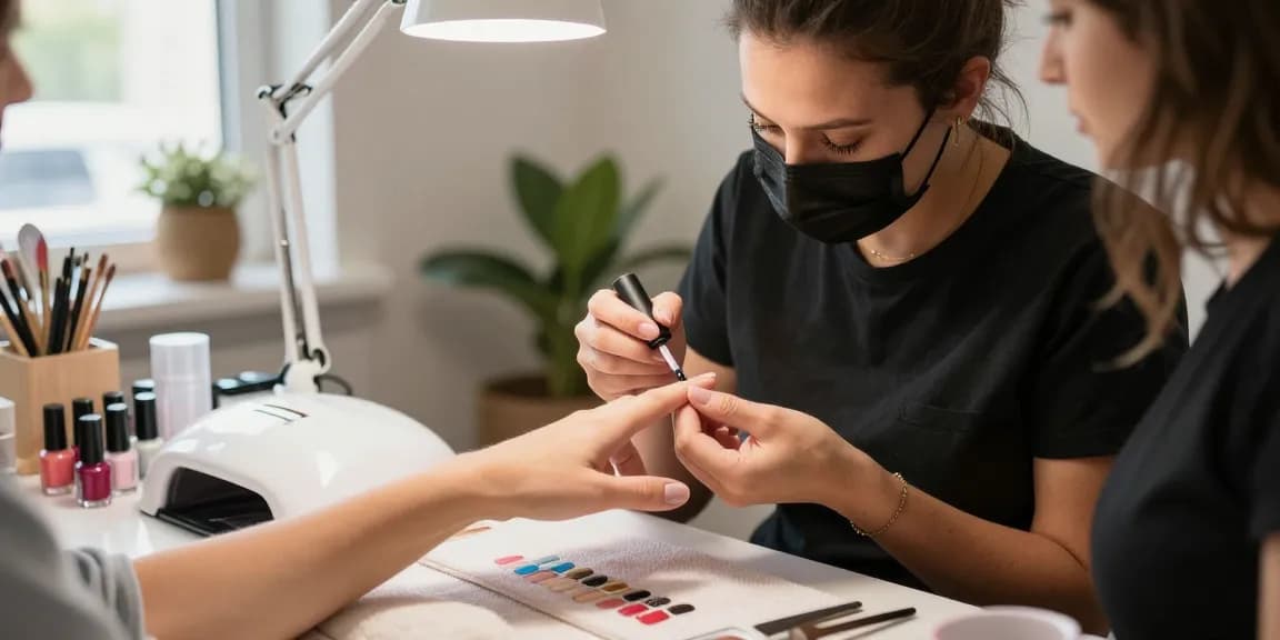 Aplicarea bazei și a top coat-ului unghiilor într-un salon stylish cu culori vibrante de ojă.