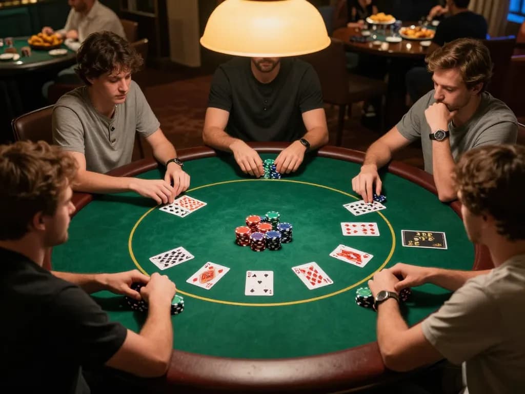 Intense poker game at home with nano banana 3 players analyzing cards and betting strategies.