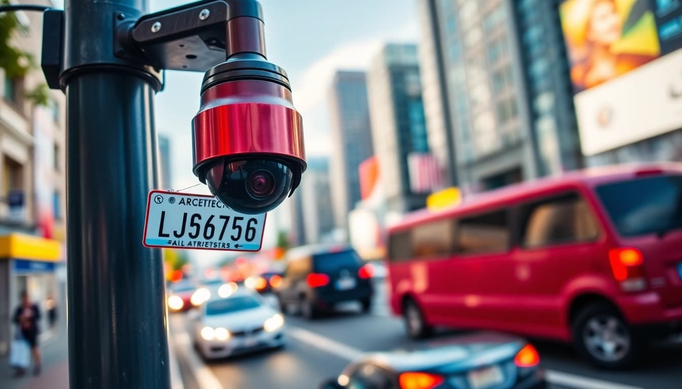 License plate recognition camera capturing vehicles in a busy city setting.