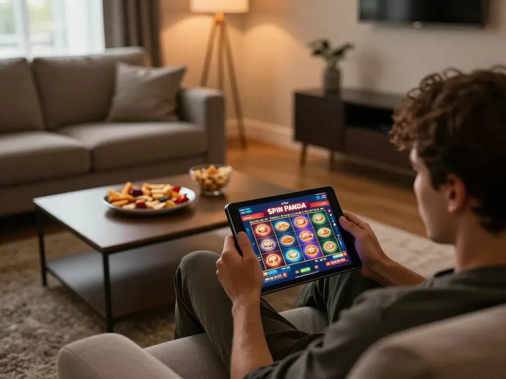 Engaging with Spin Panda Casino mobile on a tablet in a cozy home setting