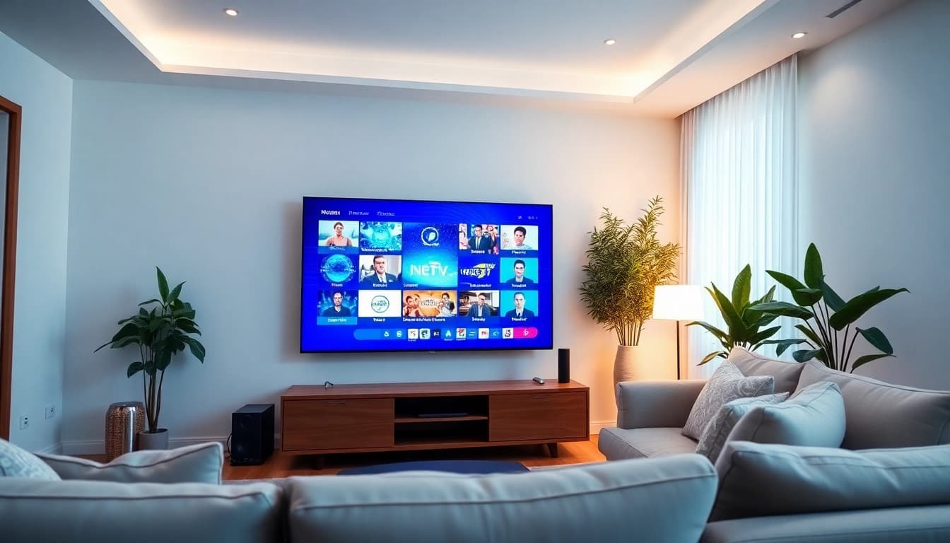 Experience smart iptv on a modern TV in a cozy living room setup.