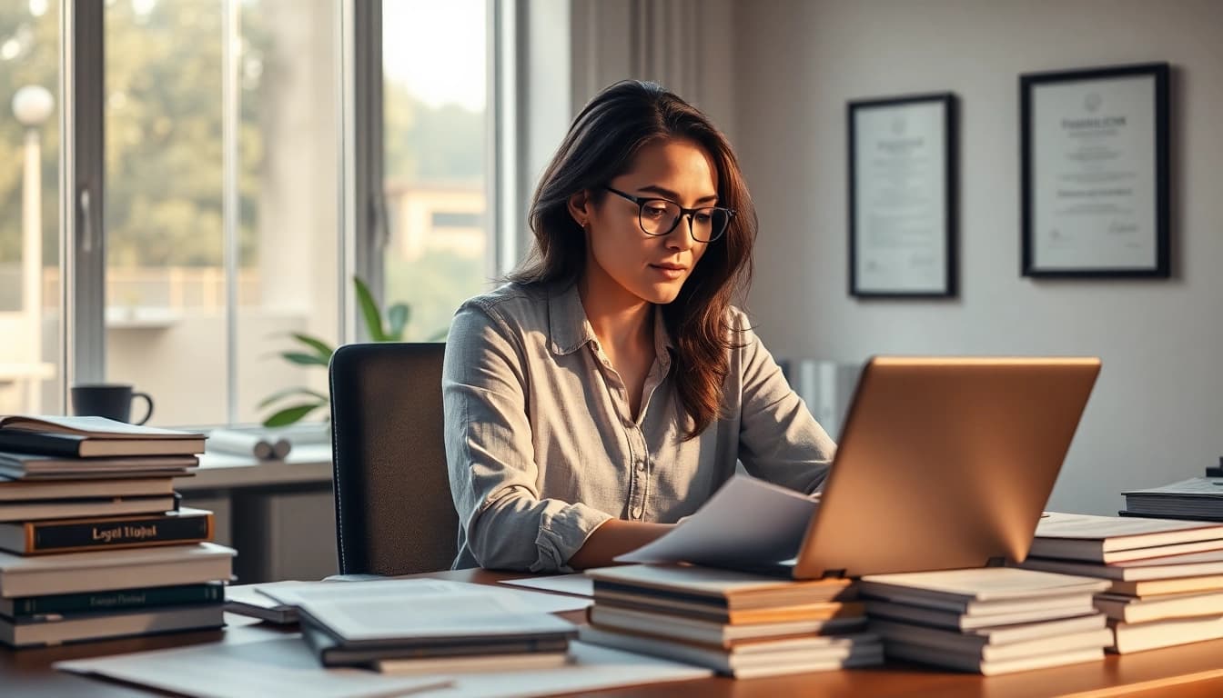 Focused translator juramentado working efficiently in a modern office.