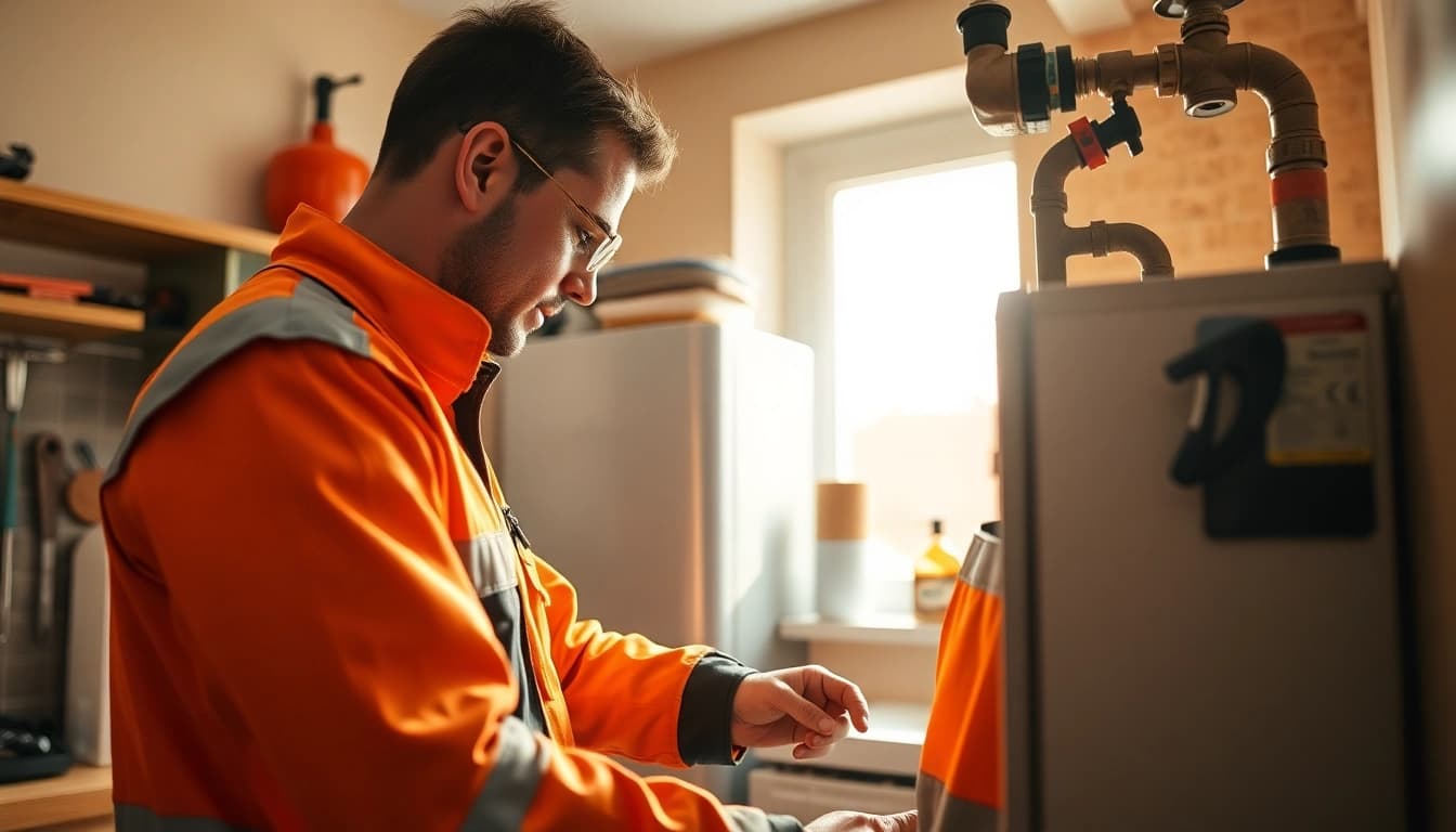 Gas engineer bristol inspecting a heating system in a domestic kitchen environment.