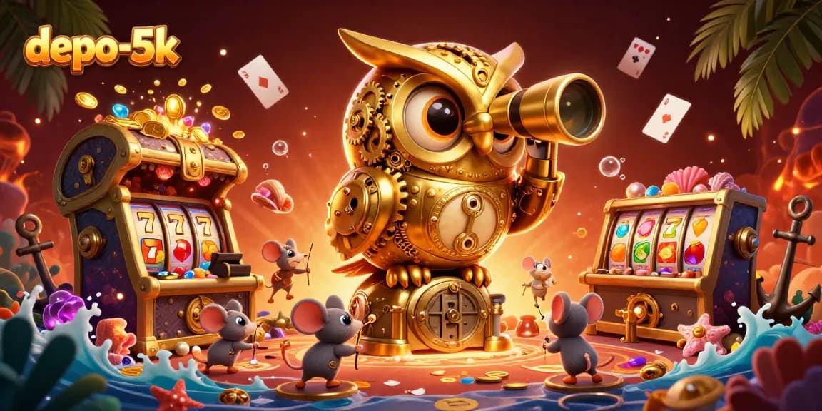 Spin the reels with depo-5k in a vibrant, dynamic casino scene featuring animated characters.
