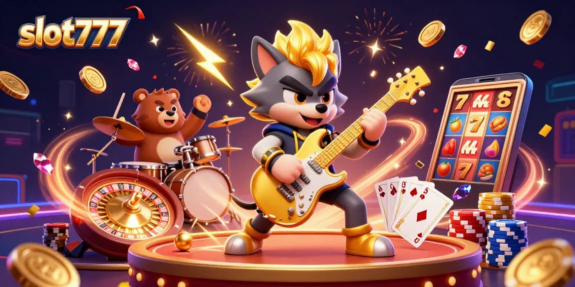 Experience the excitement of slot777 with a vibrant casino scene featuring golden coins and slot machine action.