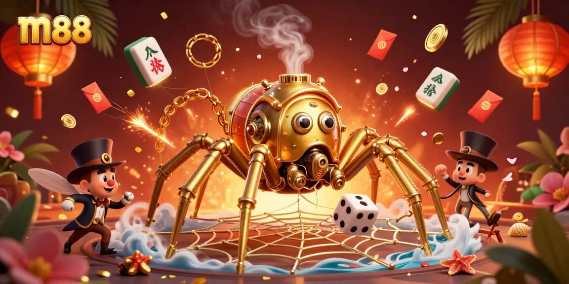 Bet on m88 with golden spider illustration capturing dice and poker chips in a vibrant casino scene.