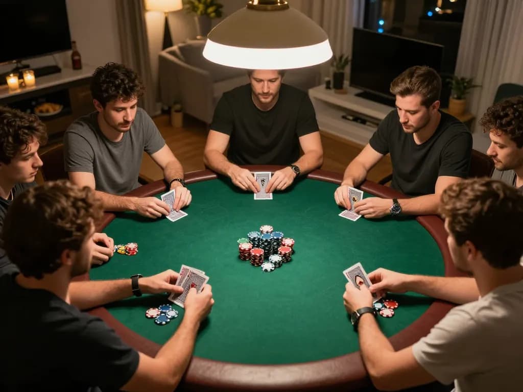789bet vip players enjoying an engaging home poker game, strategizing with focused expressions and vibrant chips.