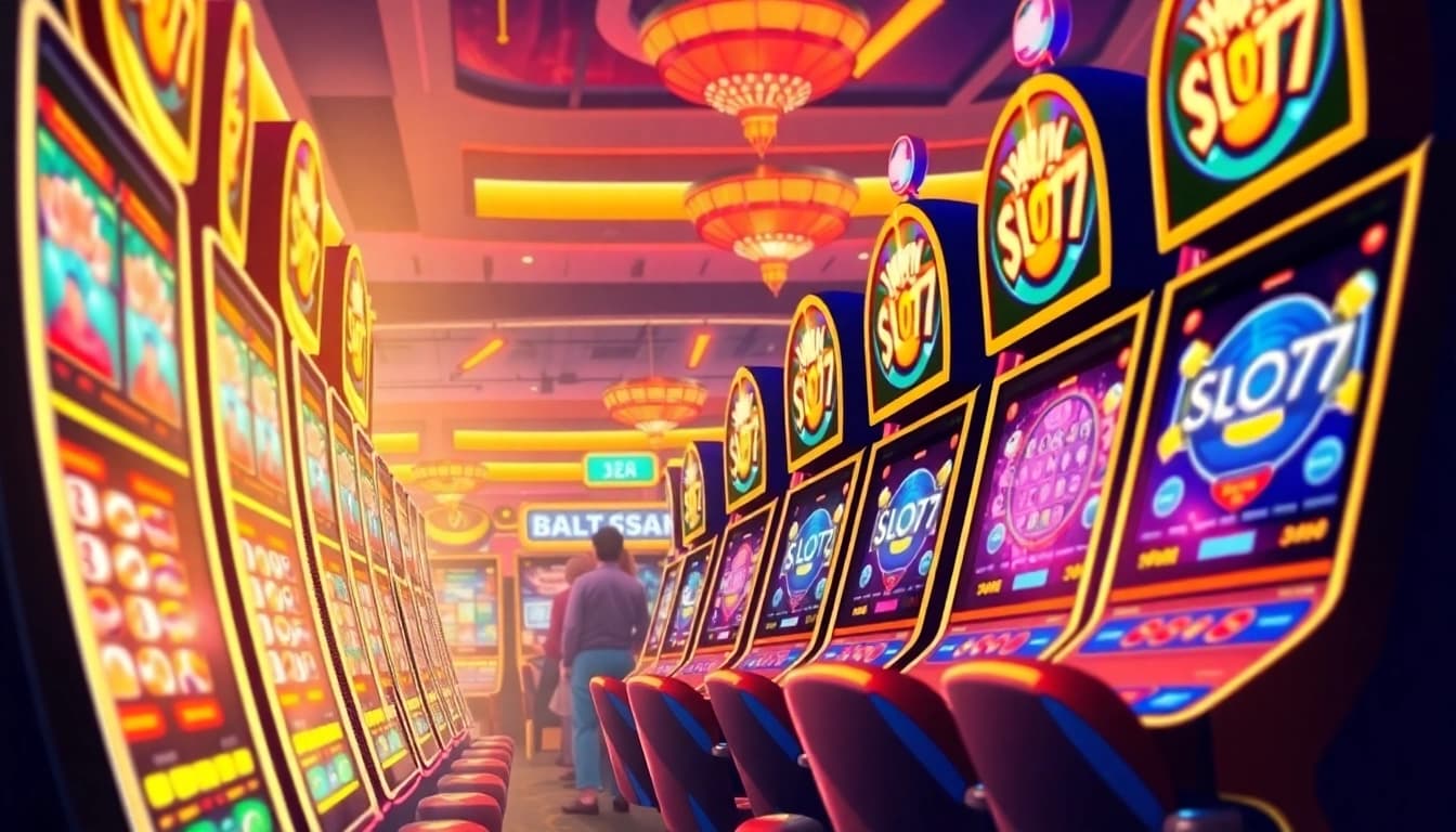 Mainkan Slot77 di mesin permainan kasino dengan cahaya cerah dan suasana yang energik.