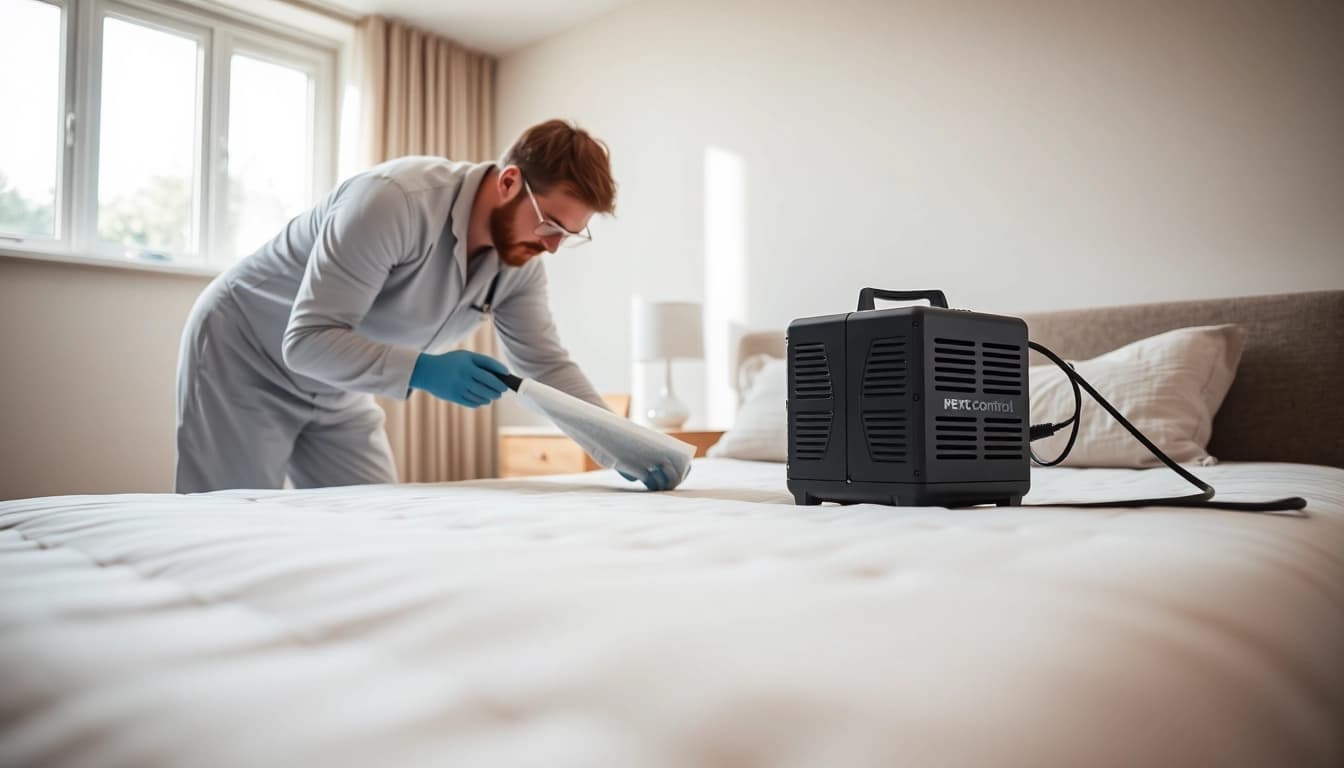 Efficient bed bug pest control technician treating a mattress in a bright, modern bedroom.