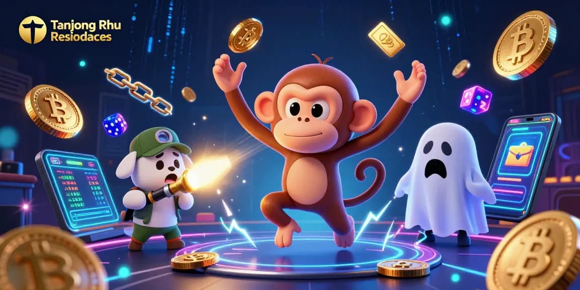 Tanjong Rhu Residences showcases a playful poltergeist monkey juggling casino elements while a ghost-hunter puppy tracks it.
